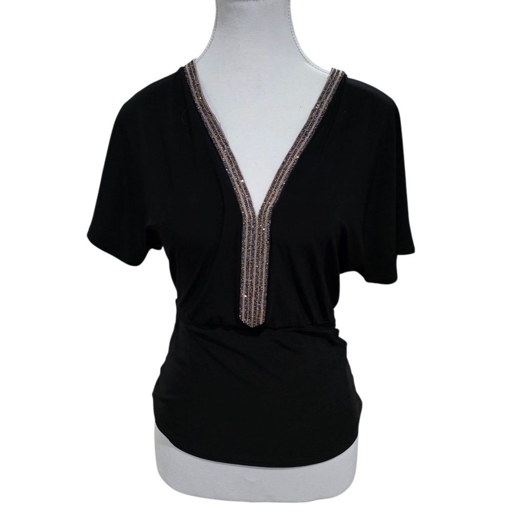 Jacaranda Short Sleeve Rhinestone Blouse Size Small